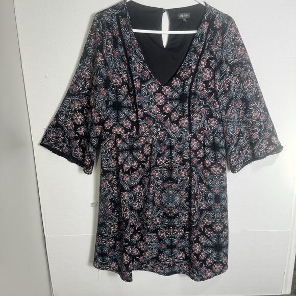 Lily Rose XL Dress Black Floral Print V-Neck Keyhole Back Metallic Accent Boho - Picture 2 of 9